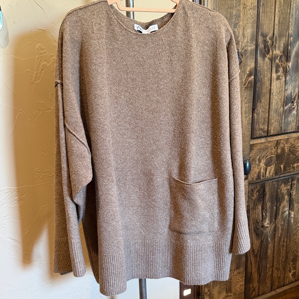 Zara Women’s Taupe Oversized Crewneck Sweater with Front Pocket
